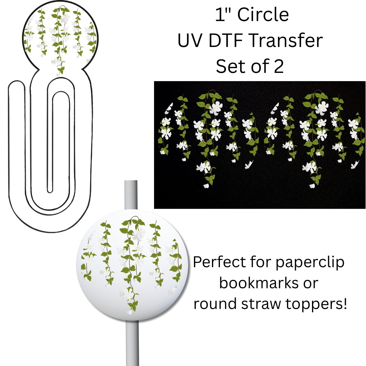Jasmine Vines 1” UV DTF Transfer For Paperclip Bookmark or Straw Topper SET OF 2