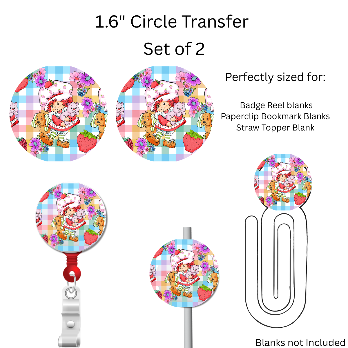 Strawberry Girl and Pets 1.6” UV DTF Transfer Set of 2