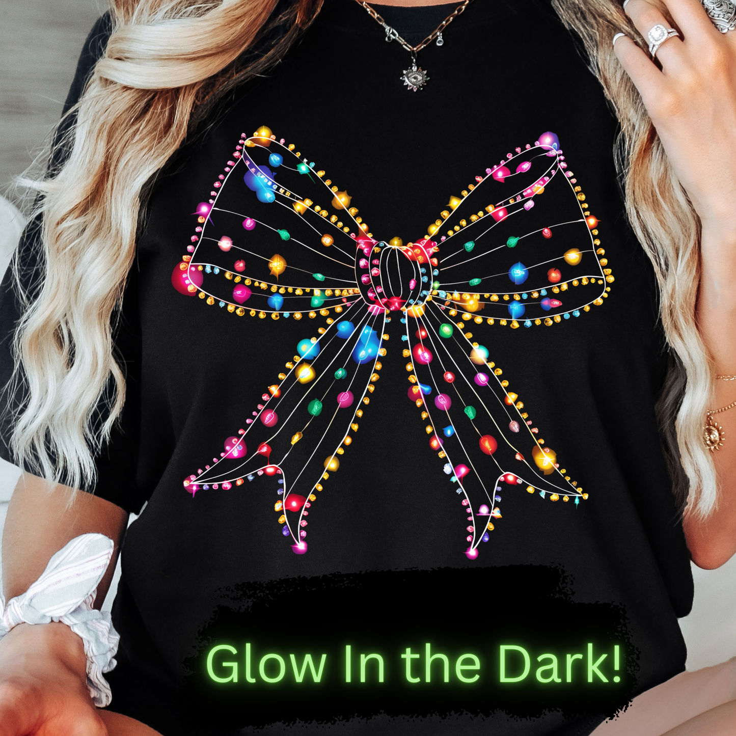 GOOD Christmas Lights Bow DTF Transfer GLOW IN THE DARK