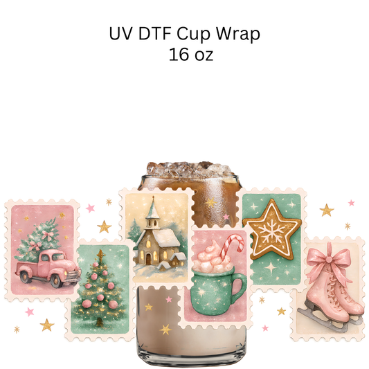 Pastel Cozy Christmas Stamps UV DTF Cup Wrap