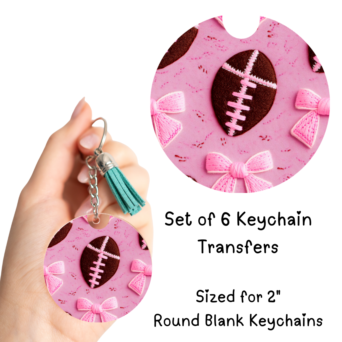 Pink Bow Football Round Keychain Transfer Set of 6