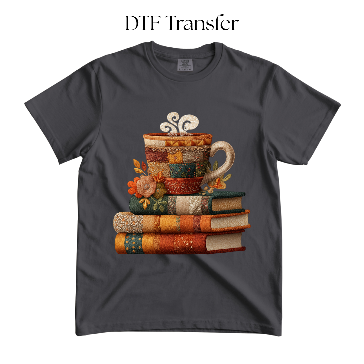 Faux Embroidered Coffee and Books DTF Transfer