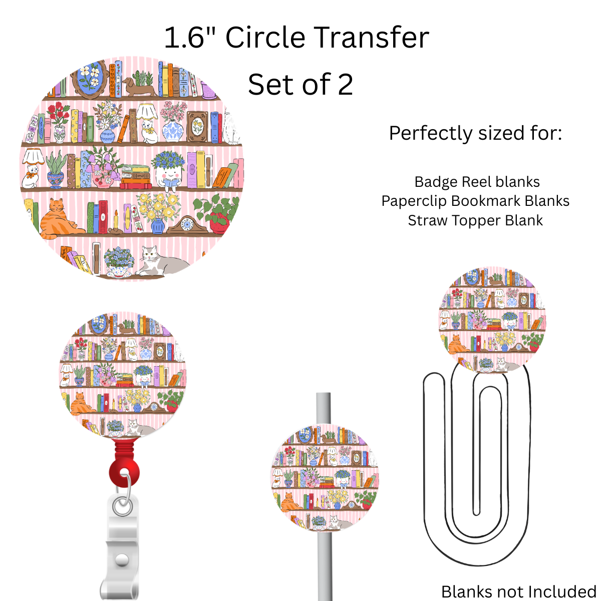 Cats Bookshelf 1.6” UV DTF Transfer Set of 2