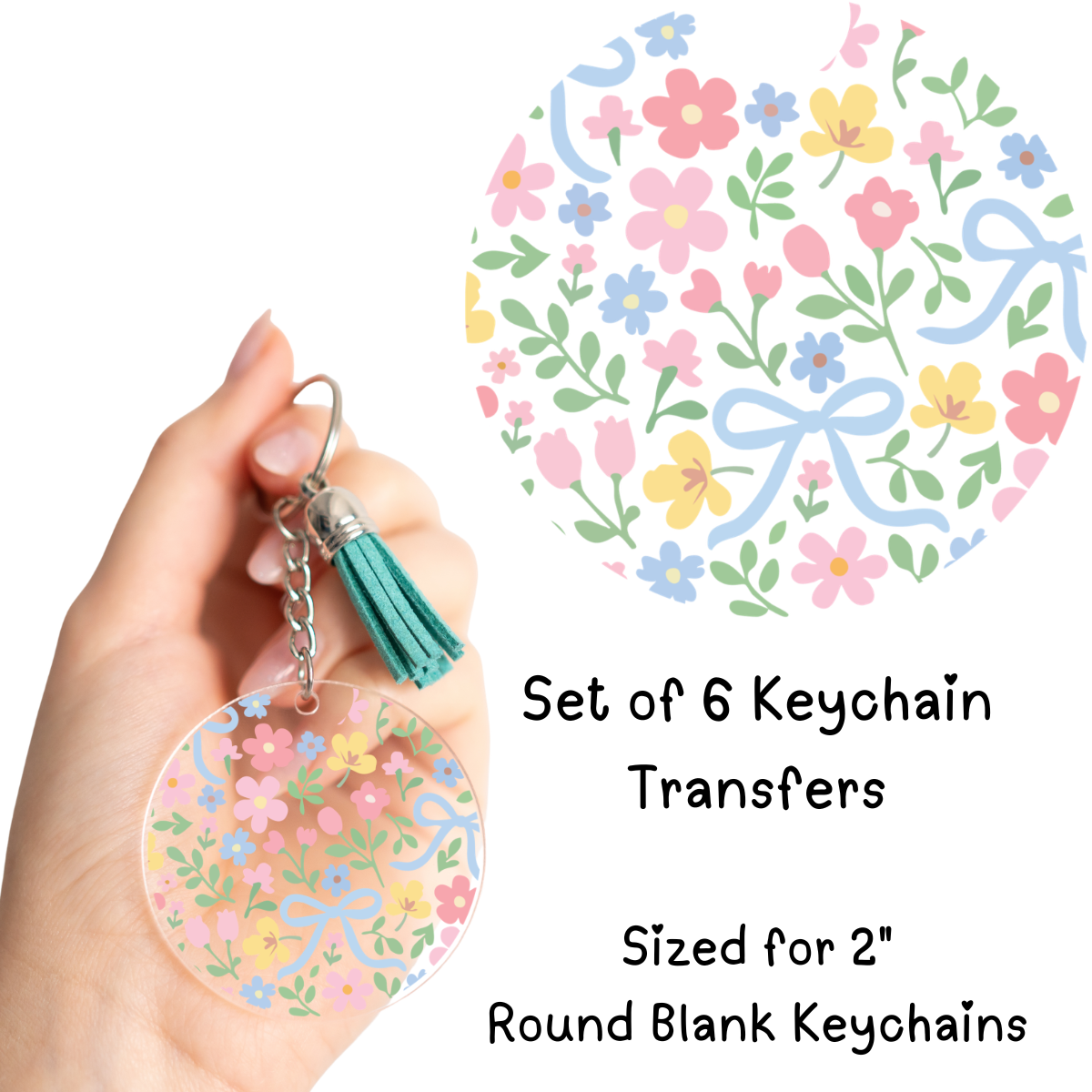 Pastel Floral Bow Round Keychain Transfer