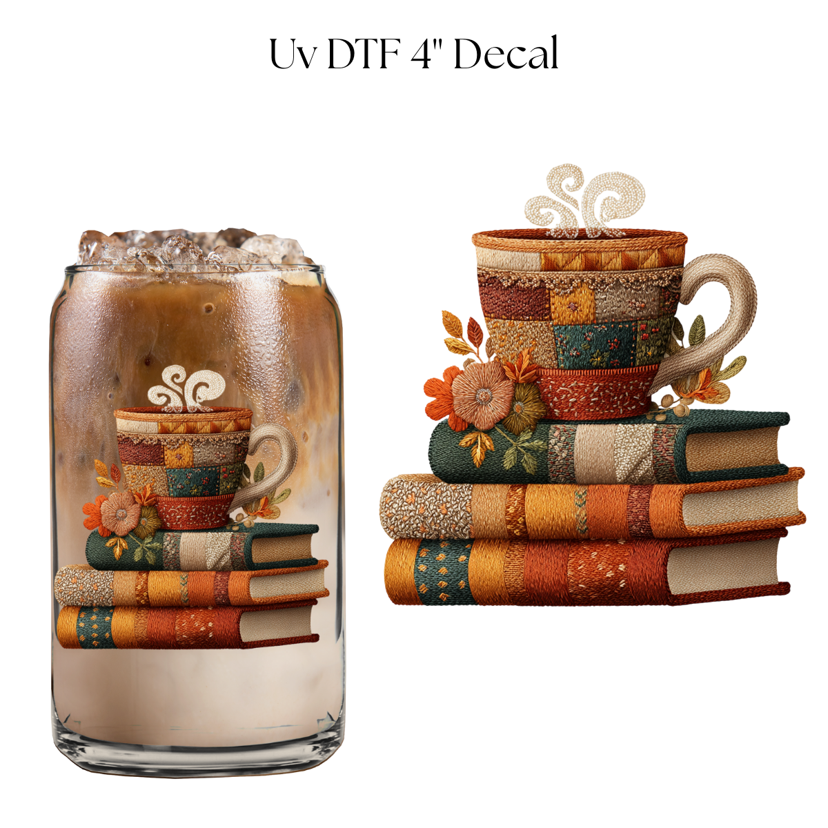 Faux Embroidered Coffee and Books 4” UV DTF Decal