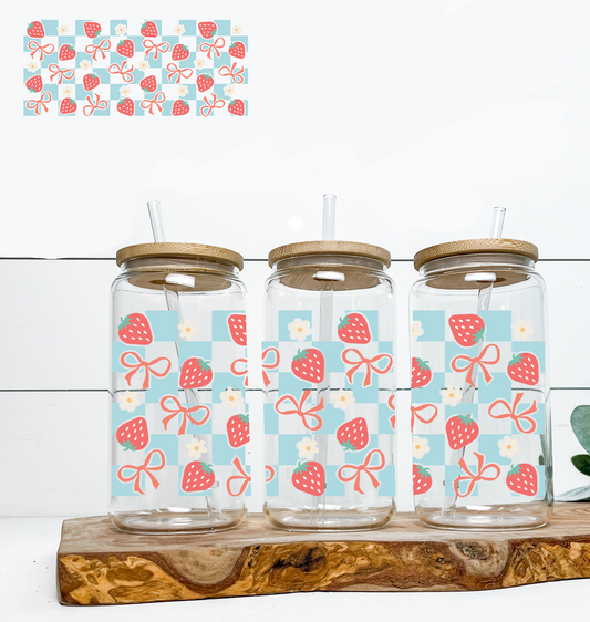 Blue Checkered Bows & Strawberries UV DTF DOUBLE SIDED