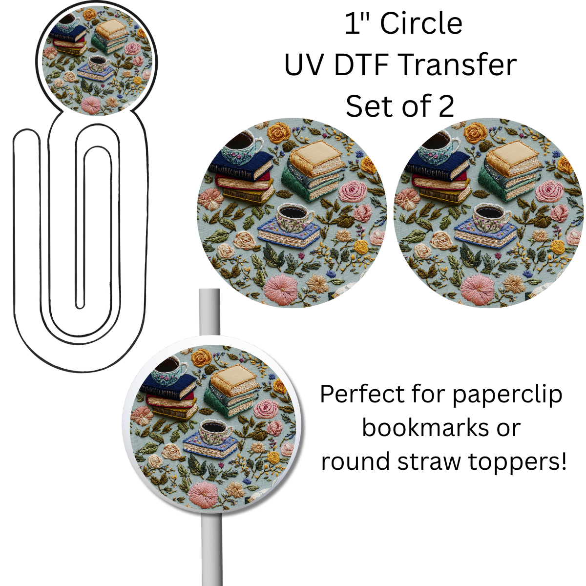 Faux Embroidered Books 1” UV DTF Transfer For Paperclip Bookmark or Straw Topper SET OF 2