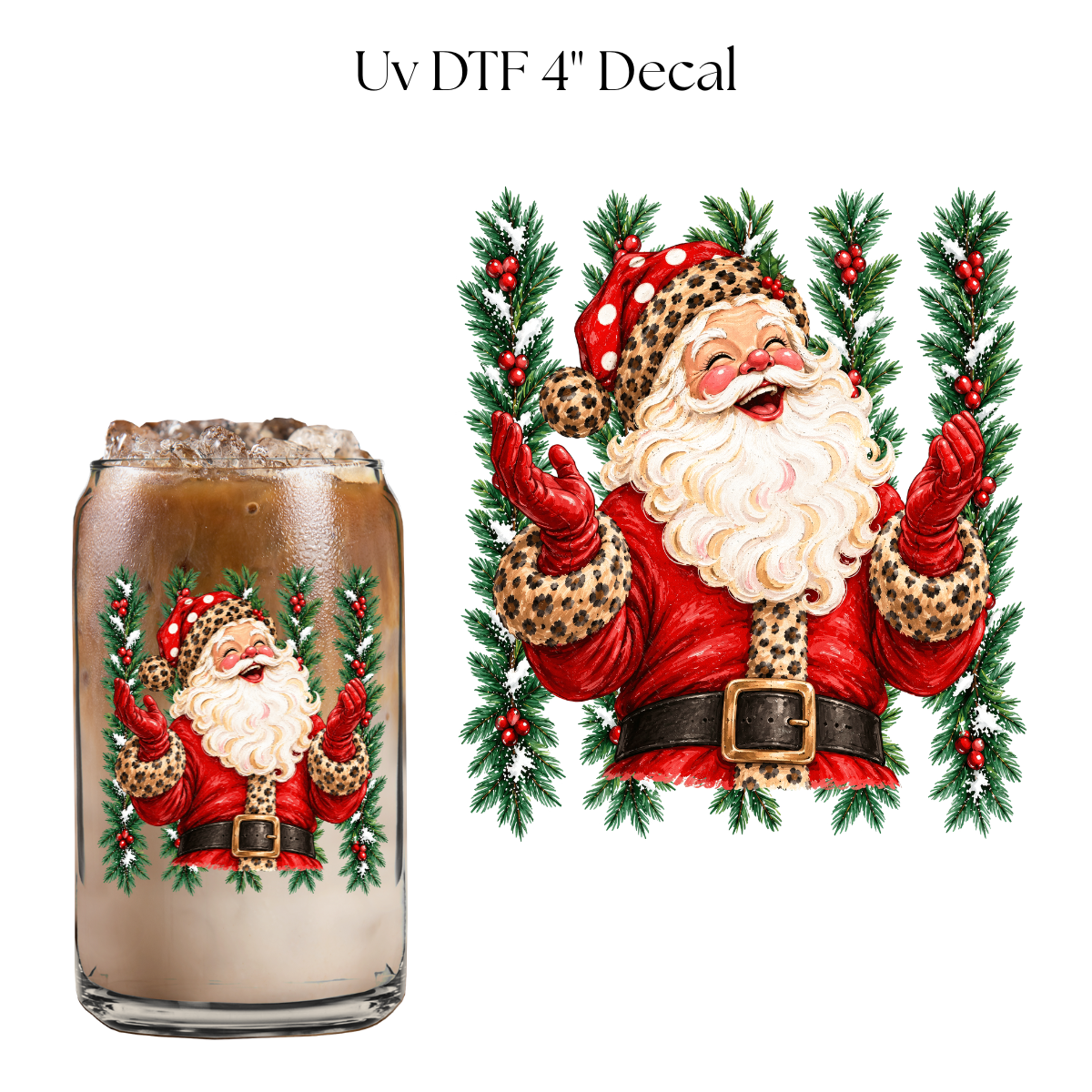 Smiley Cheetah Santa 4” UV DTF Cup Decal