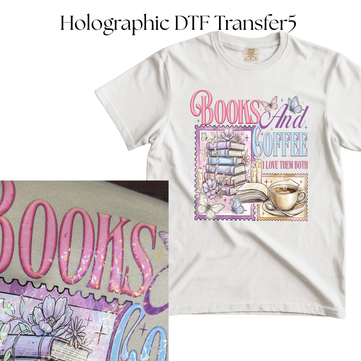 HOLOGRAPHIC Books and Coffee DTF Transfer