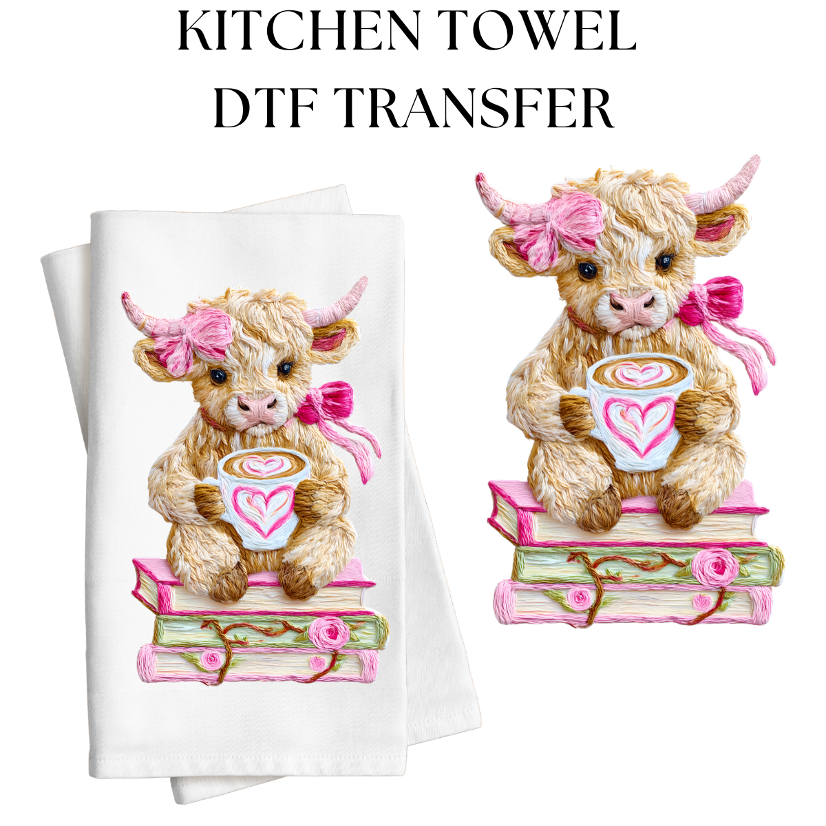 Pink Books Cow Kitchen Towel DTF Transfer