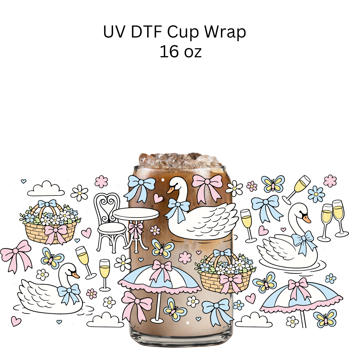 White Swan Blue bow UV DTF Cup Wrap