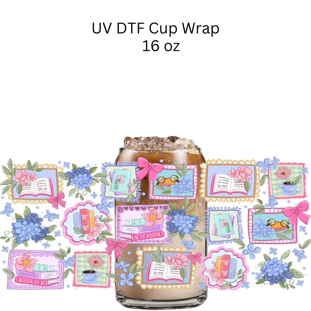 Colorful Floral Books Stamps UV DTF Cup Wrap