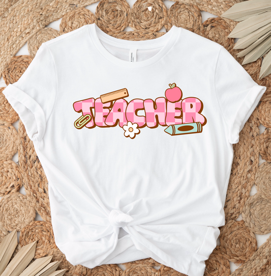 Pink Checkered Teacher DTF TRANSFER