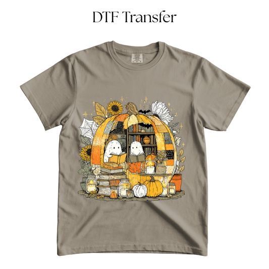 Ghosts reading inside Pumpkin DTF Transfer