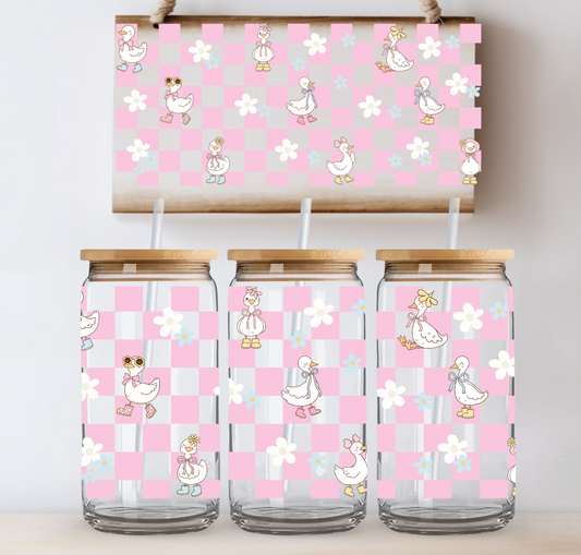 Pink Checkered Geese UV DTF Cup Wrap