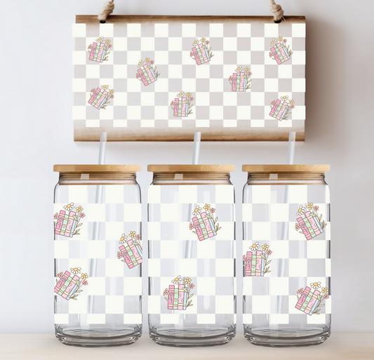 White Checkered Books UV DTF Cup Wrap