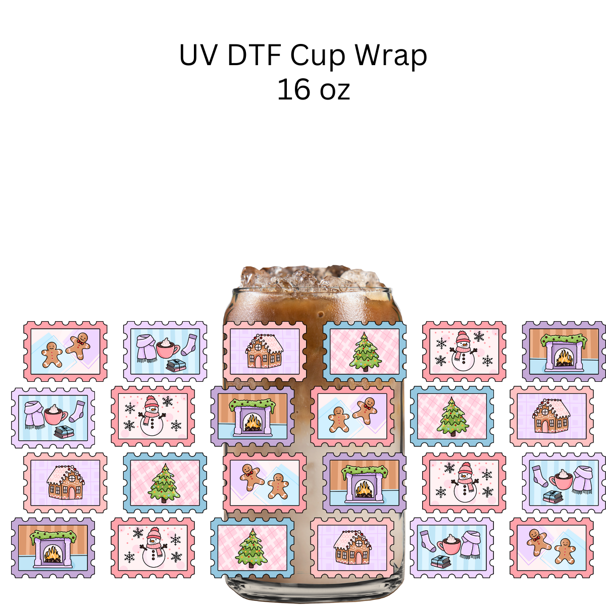 Pink Purple Christmas Stamps UV DTF Cup Wrap