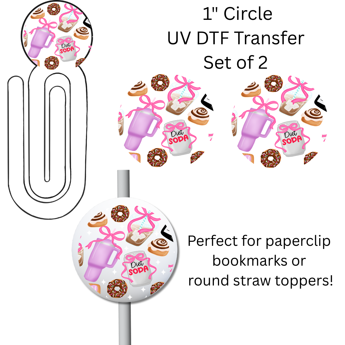 Mom Stuff 1” UV DTF Transfer For Paperclip Bookmark or Straw Topper SET OF 2
