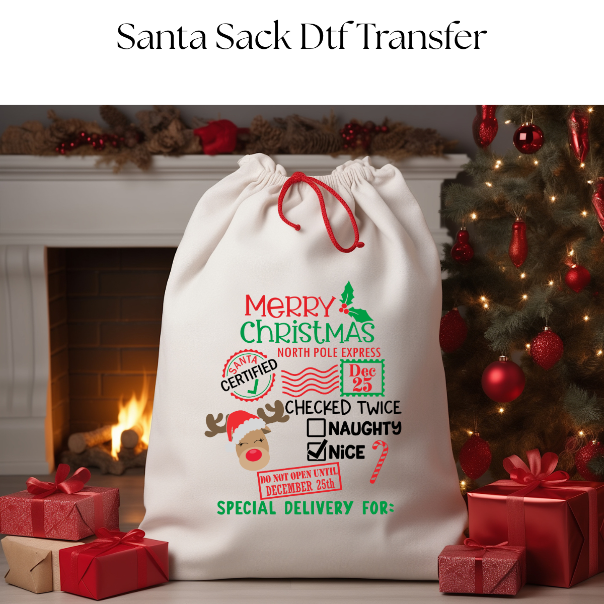 Merry Christmas Deer Santa Sack DTF Transfer