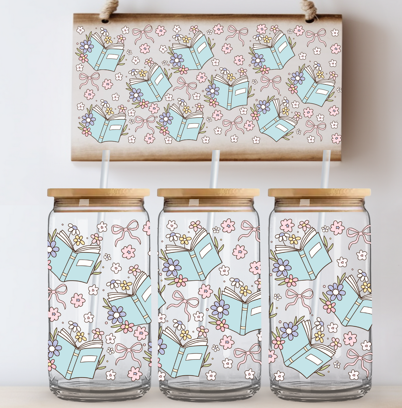 Blue Books and Flowers UV DTF Wrap DOUBLE SIDED
