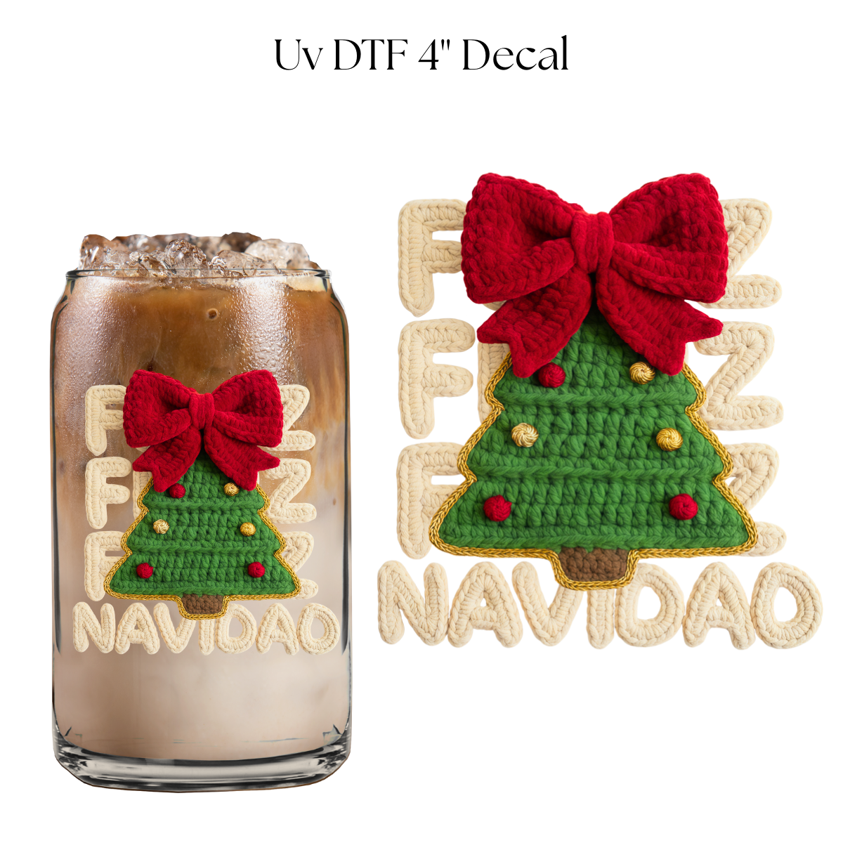 Feliz Navidad Tree Faux Yarn 4” UV DTF Decal