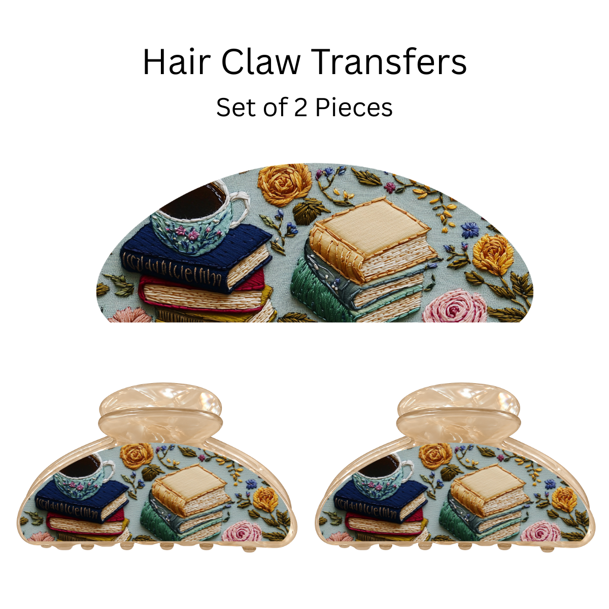 Embroidered Floral Books UV DTF Transfer for 3.19” Claw Clip (Set of 2)