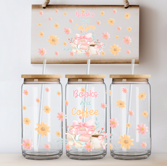 Books and Coffee Floral UV DTF Cup Wrap