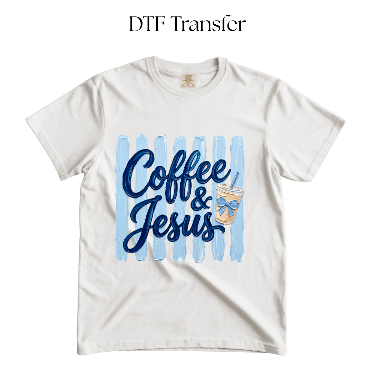 Striped Coffee and Jesus Blue DTF TRANSFER