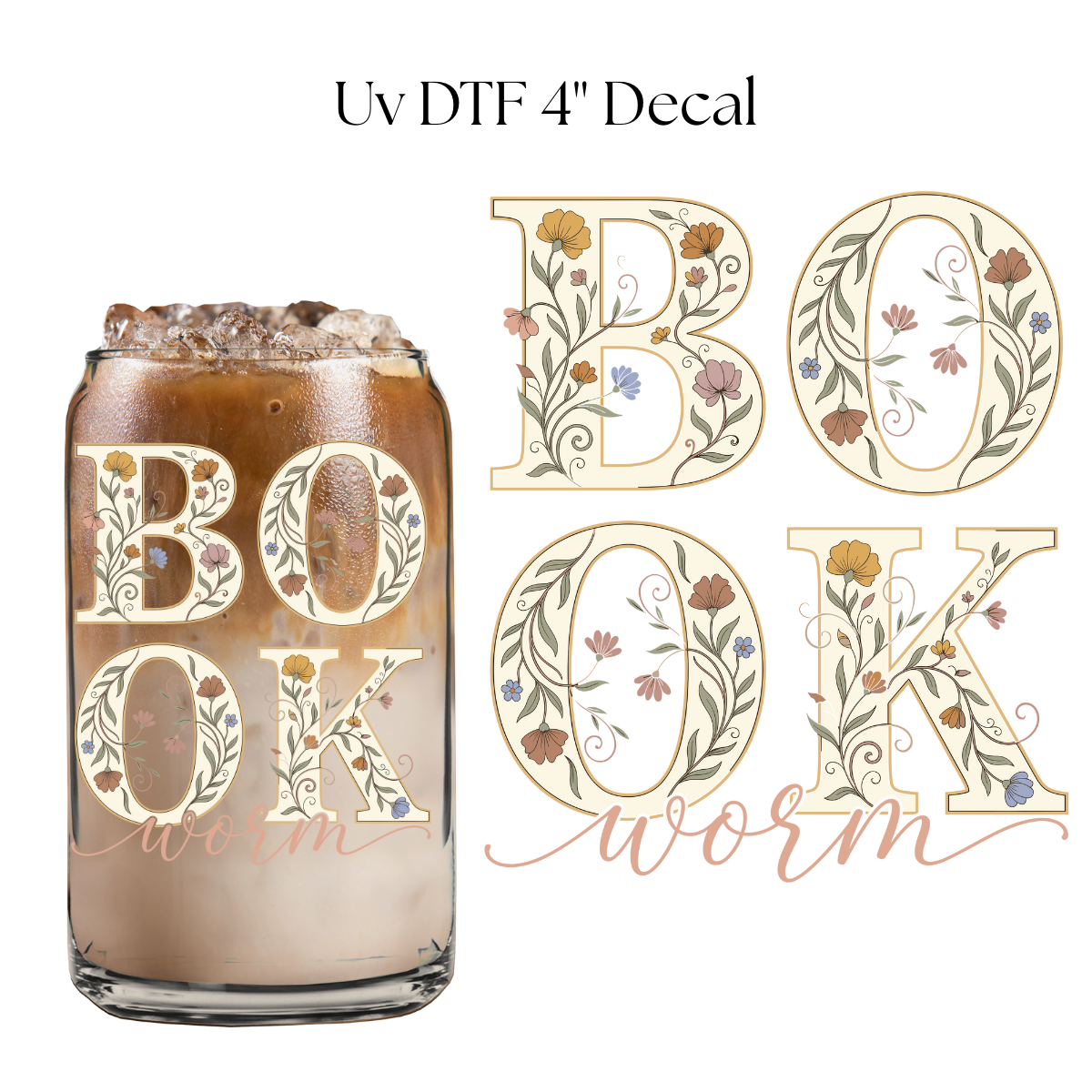 Floral Book Worm 4” UV DTF Decal