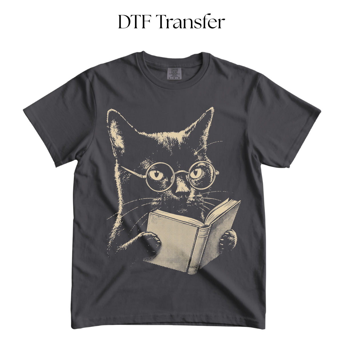 Cat Reading Single Color DTF Transfer (Press on Black)