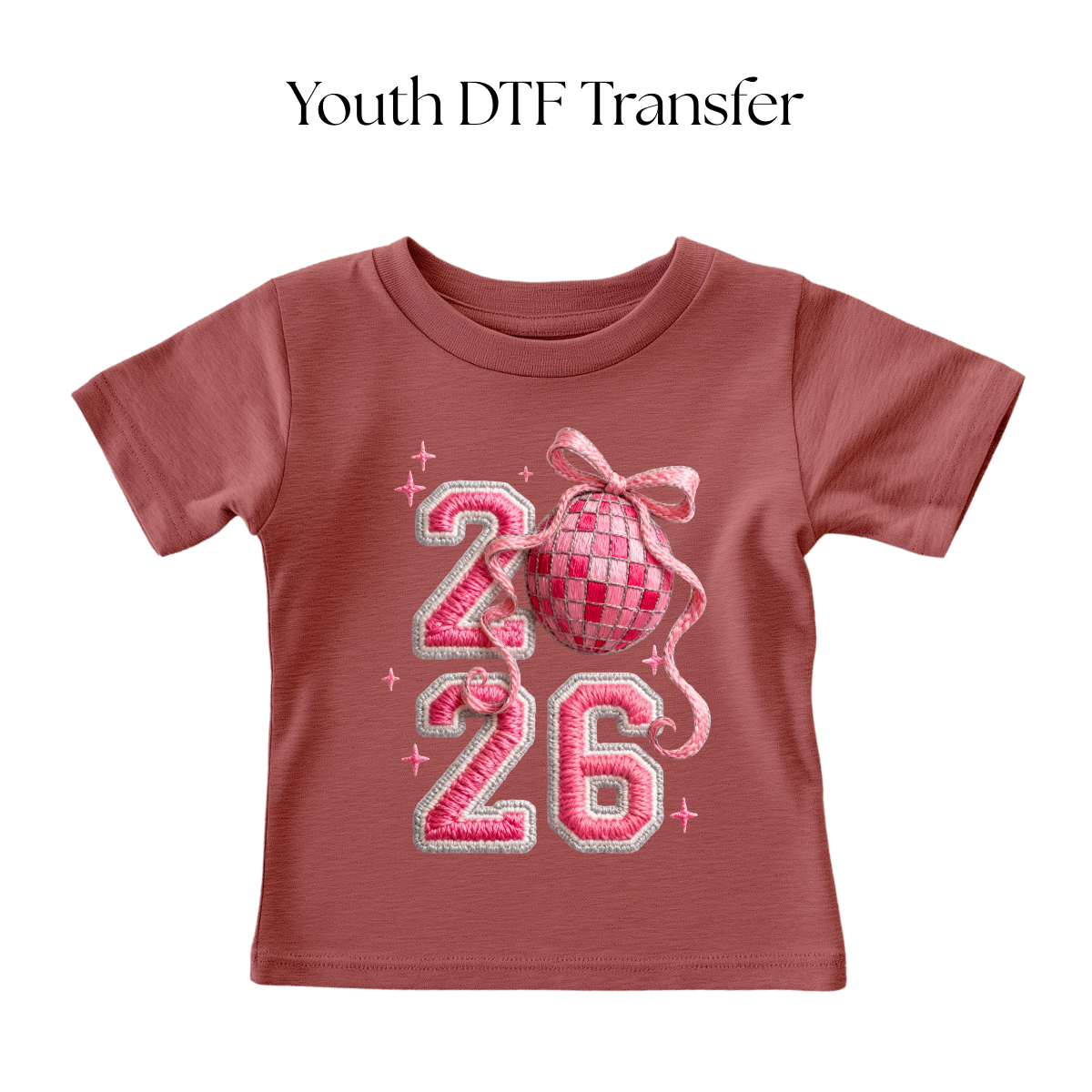 Youth Pink 2026 Faux Embroidered DTF Transfer