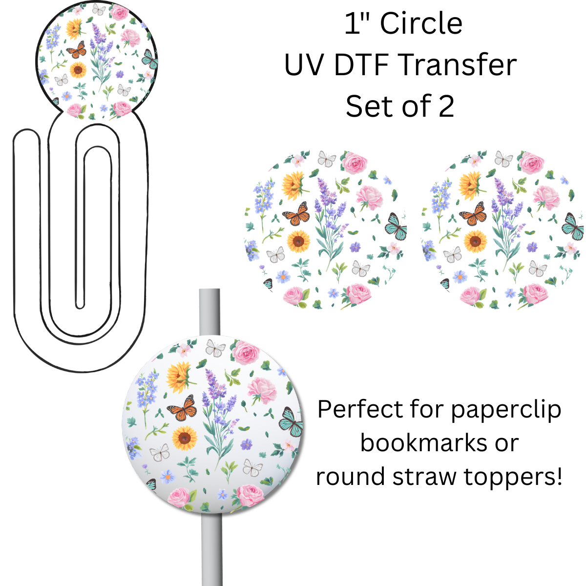 Wildflowers and Butterflies 1” UV DTF Transfer For Paperclip Bookmark or Straw Topper SET OF 2