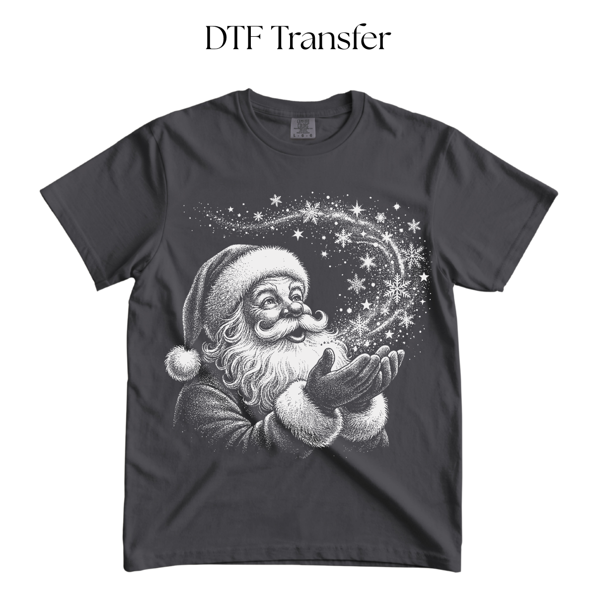 Santa Magic Snowflakes Single Color DTF Transfer (Press on Black)