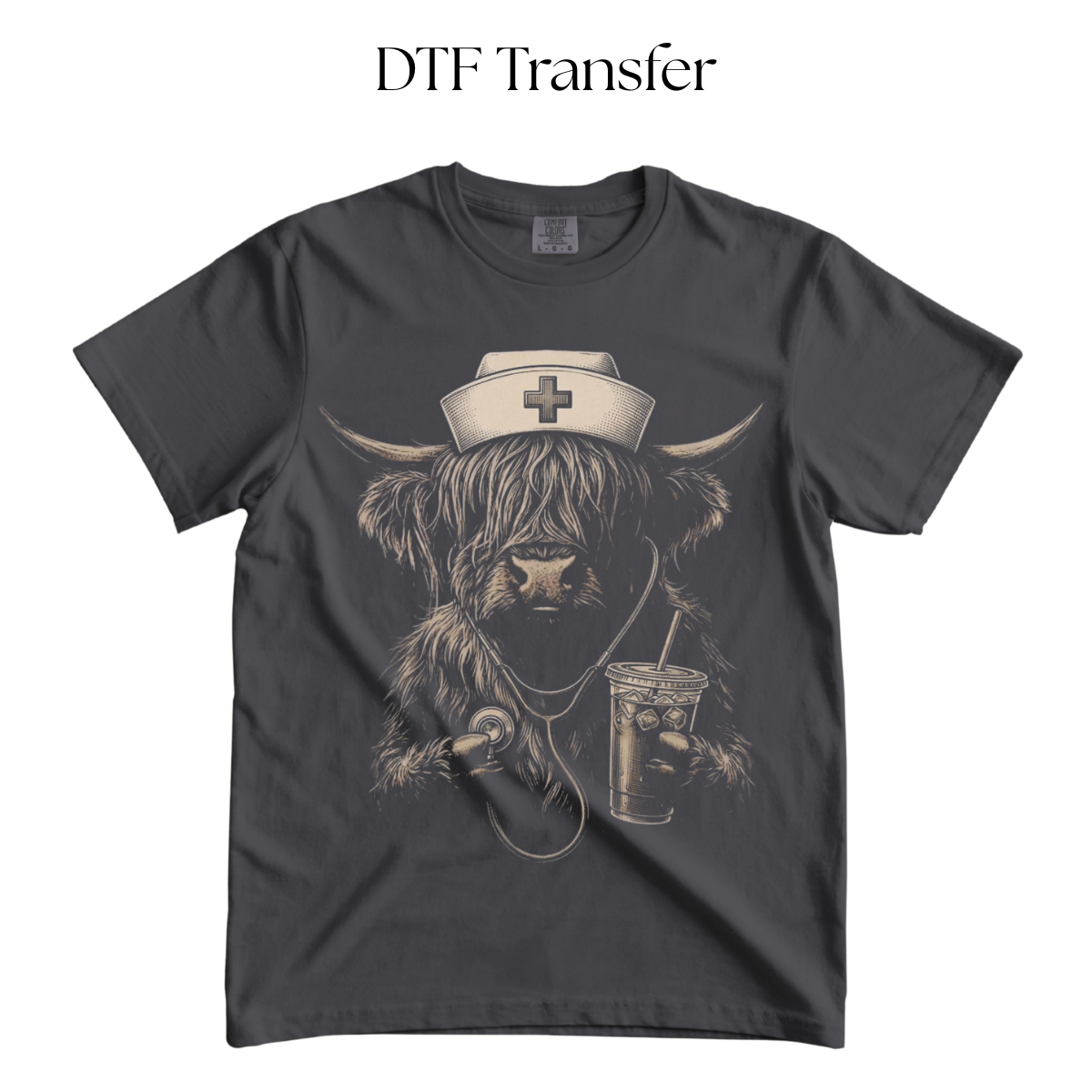 Cow Nurse Single Color DTF Transfer (Press on Black)