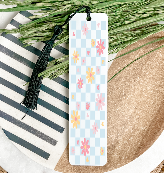 Blue Checkered Floral UV DTF Bookmark DOUBLE SIDED