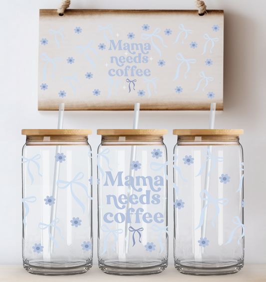 Mama Needs Coffee Blue Bows UV DTF Wrap DOUBLE SIDED
