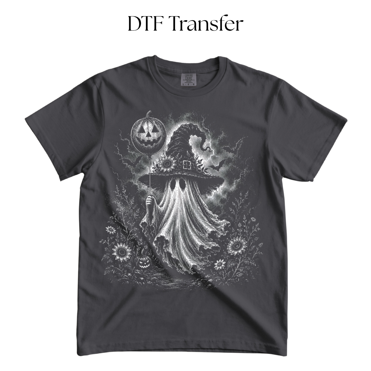 Ghost with Balloon Single Color DTF Transfer (Press On Black)