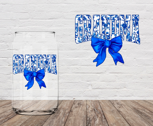 Grandma Blue Floral & Bow 4" UV DTF