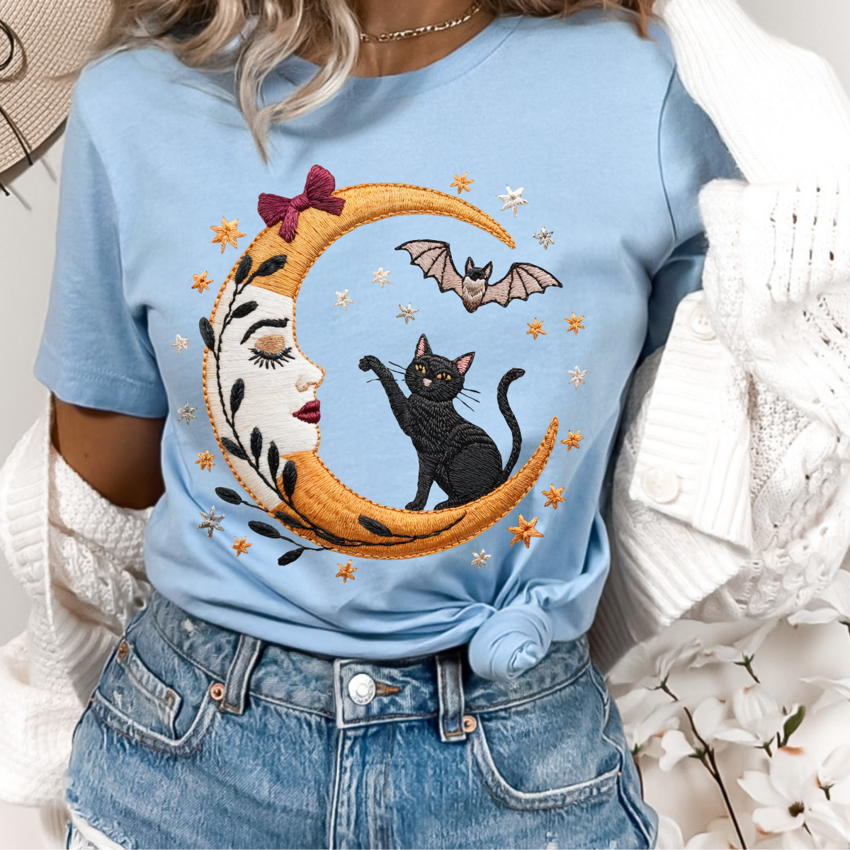 Faux Embroidered Cat and Moon Dtf Transfer