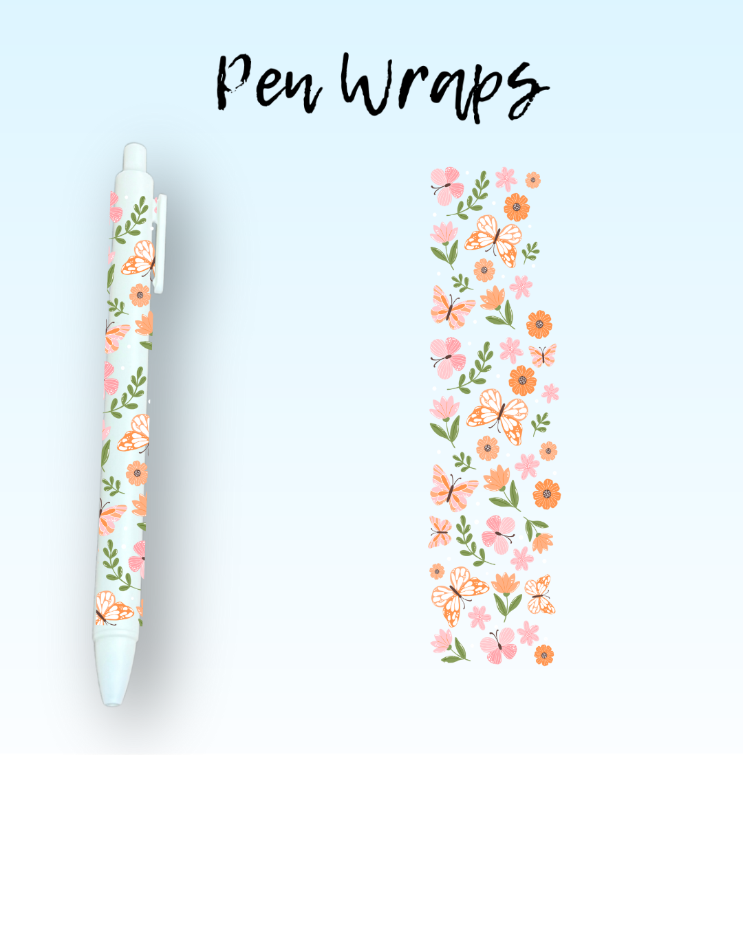 Orange Butterflies & Flowers Wrap For Ballpoint Pen UV DTF