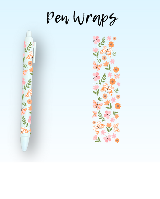 Orange Butterflies & Flowers Wrap For Ballpoint Pen UV DTF