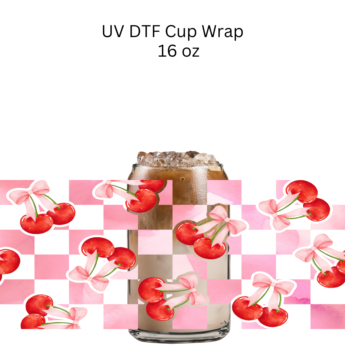 Pink Checkered Cherries UV DTF Cup Wrap