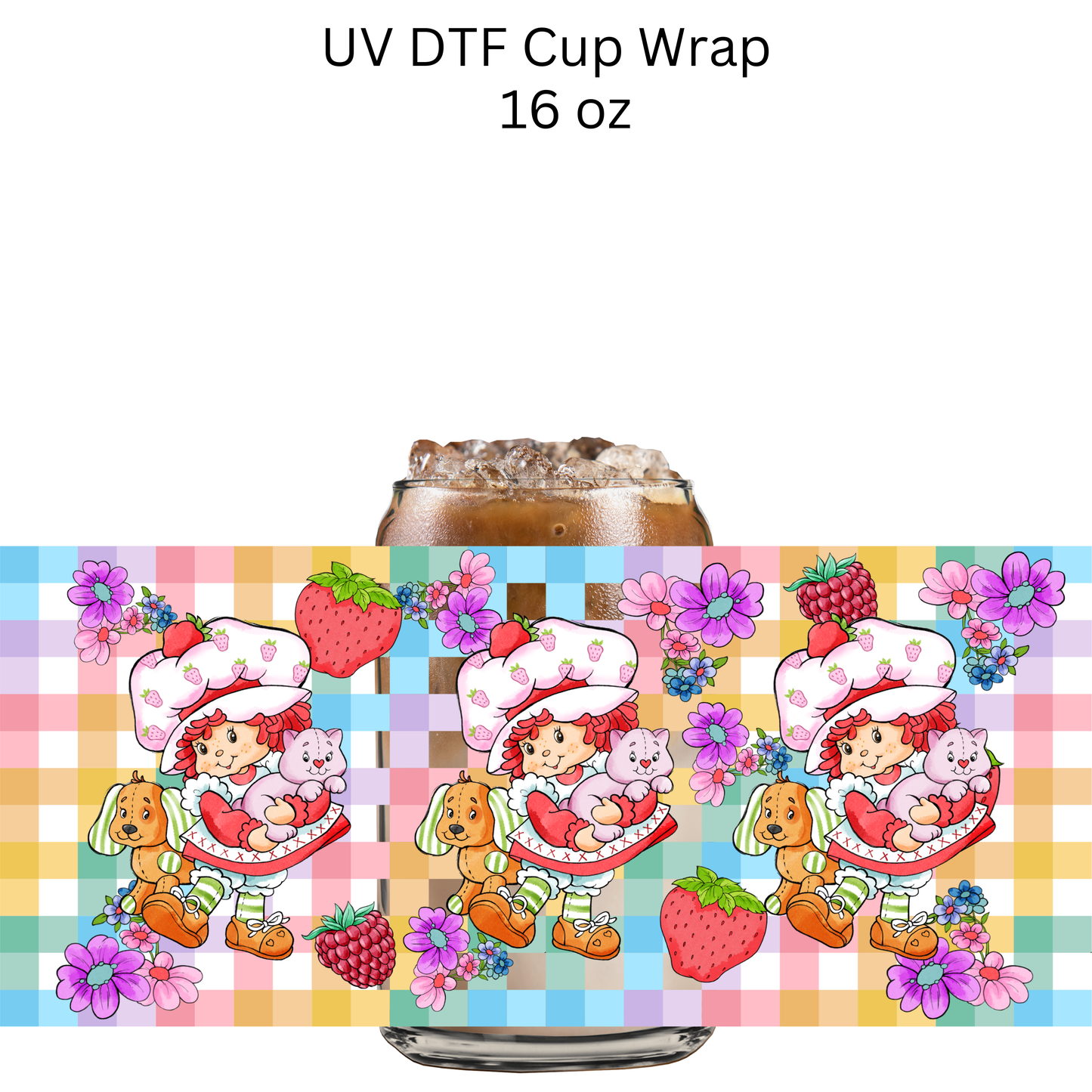 Strawberry Girl Rainbow Checkers UV DTF Cup Wrap