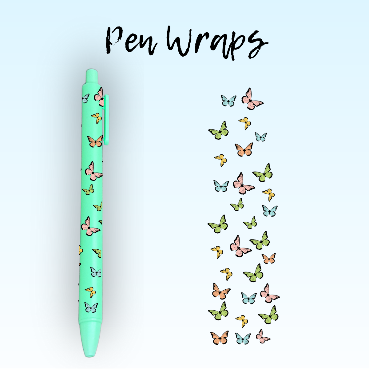 Green Blue & Yellow Butterflies Pen Wrap For Ballpoint Pen UV DTF