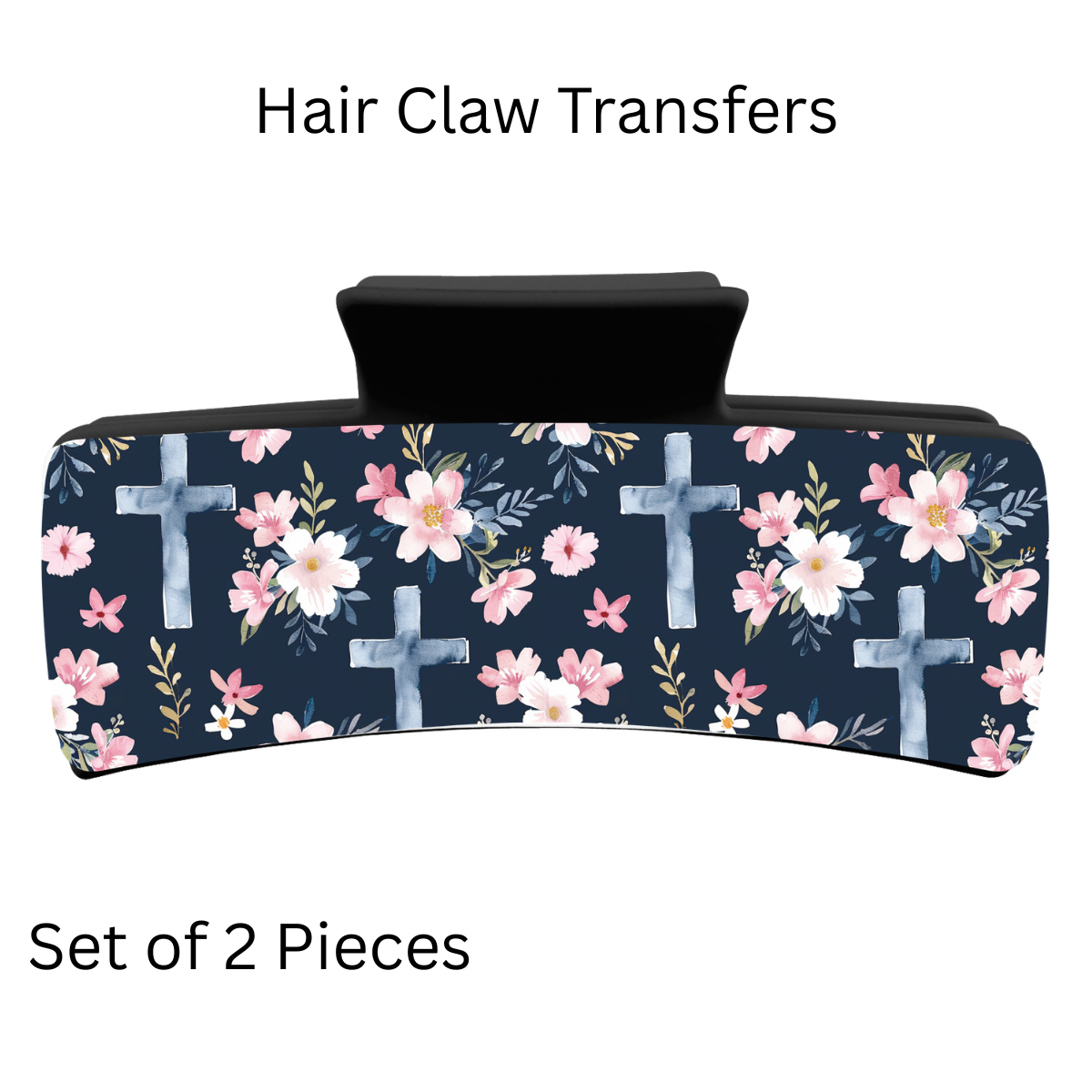 Blue Floral Cross UV DTF Transfer for 4” Claw Clip (Set of 2)