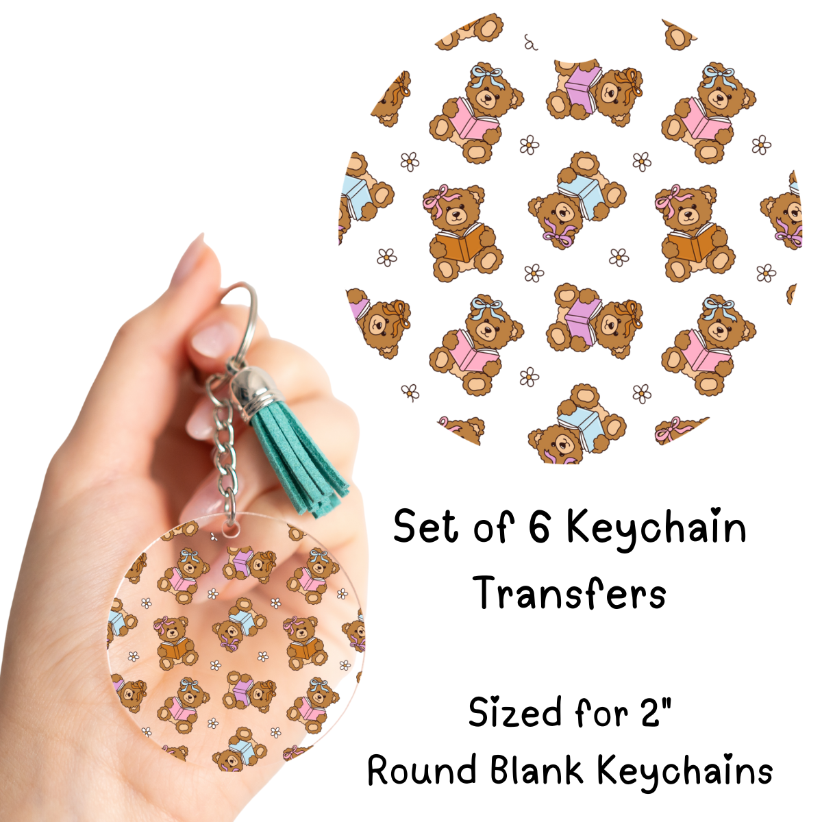 Bears Reading Books Round Keychain UV DTF Transfer