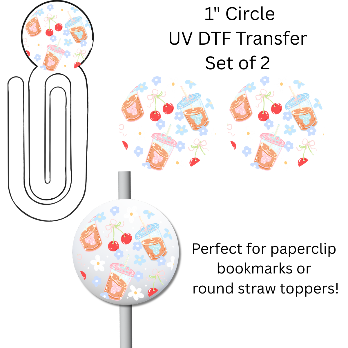 Iced Coffee and Blue Flowers 1” UV DTF Transfer For Paperclip Bookmark or Straw Topper SET OF 2