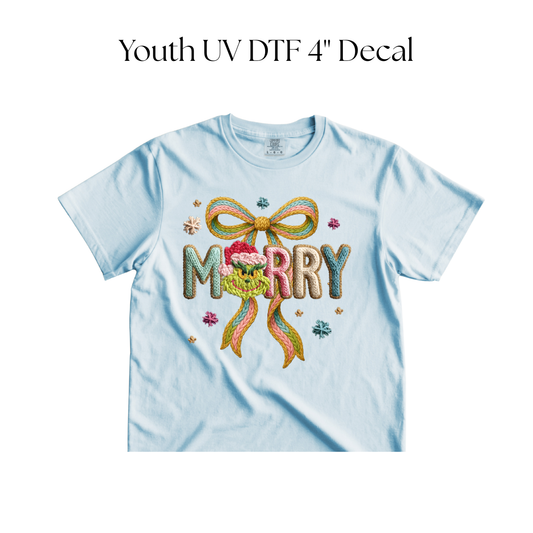 YOUTH Merry Bow Green Monster Faux Yarn DTF Transfer