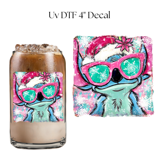 Blue Alien Christmas Glasses 4” UV DTF Decal