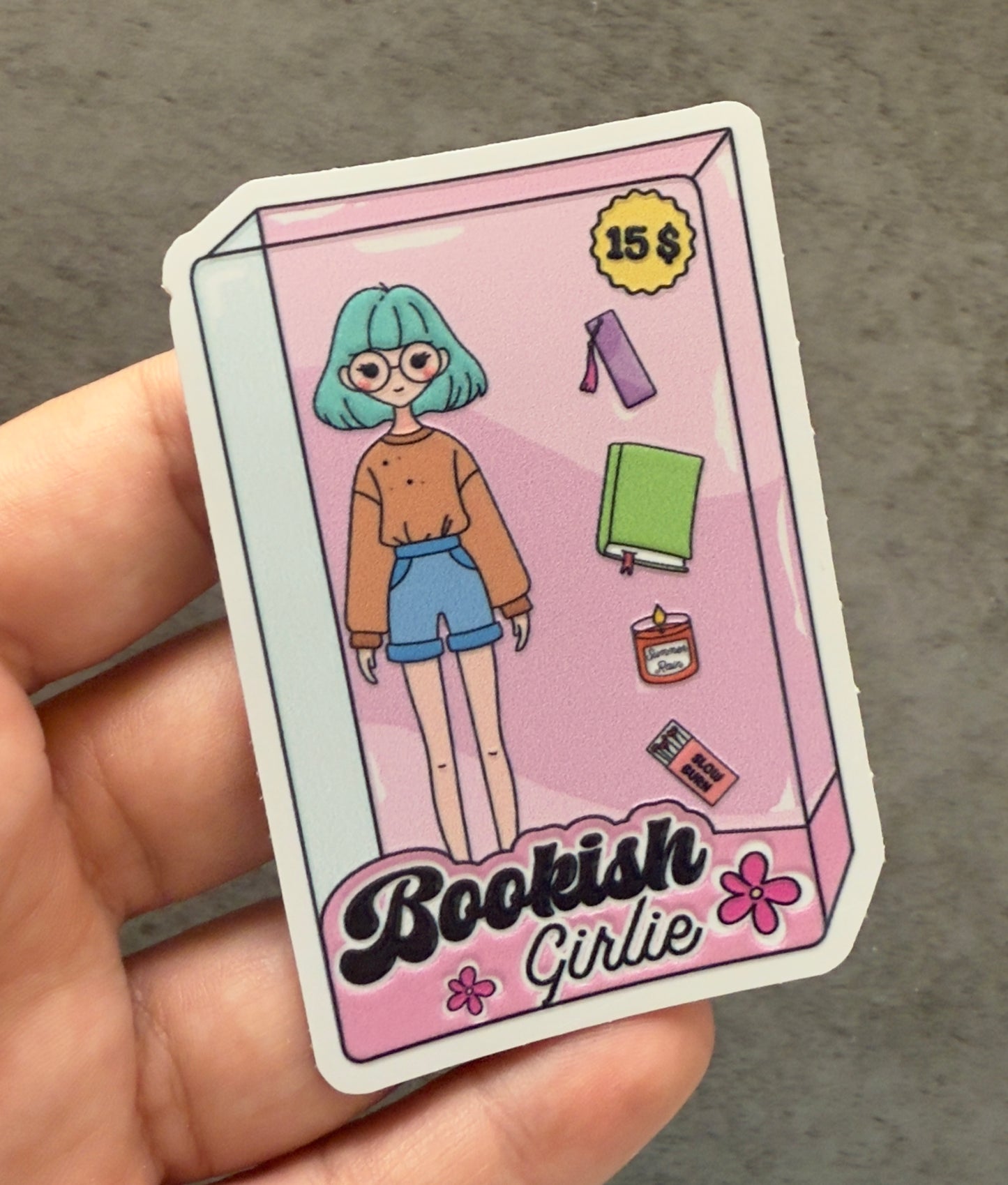 Bookish Girly Doll Textured White Vinyl Sticker